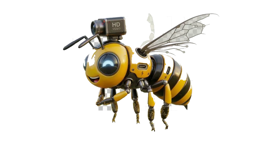 A Robee autonomous pollination drone in flight over a field